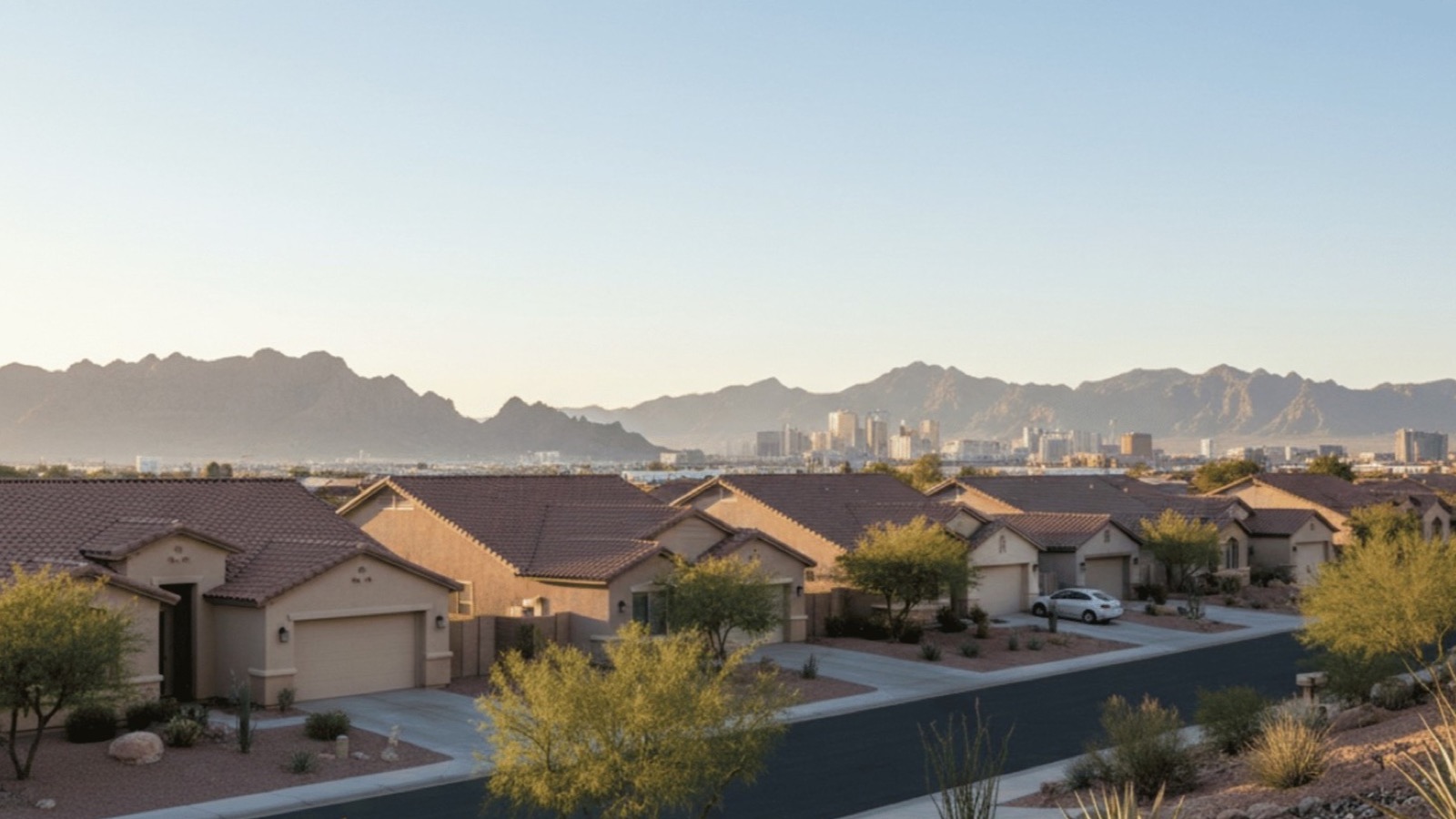 Las Vegas residential neighborhood street view showing single-family homes in Clark County spring 2026
