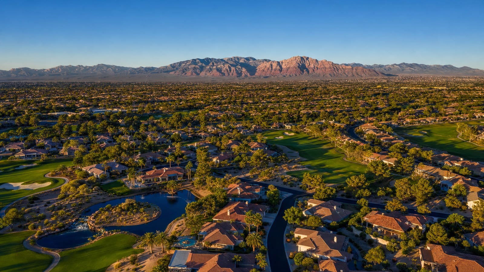 Sun City Summerlin Del Webb 55-plus master plan aerial showing the layout of single-story homes around the three golf courses and recreation center campuses